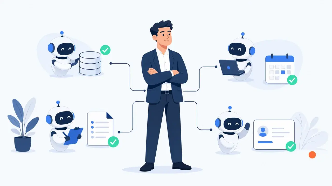 A team lead overseeing several AI agents working in parallel across connected business systems, each task marked complete.