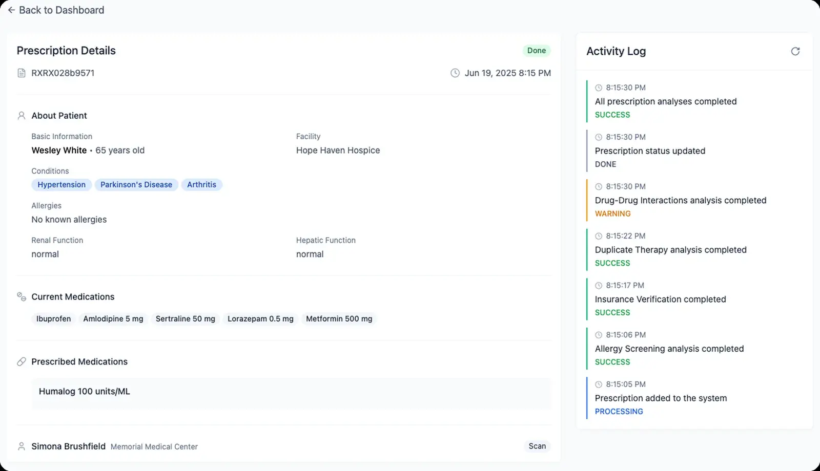 Comprehensive prescription details with patient history, medications, allergies and an activity log