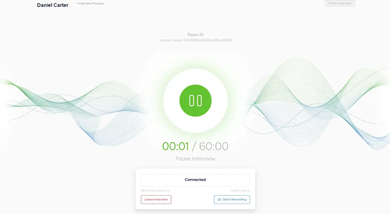 AI voice interview room with a live session timer and automatic transcription