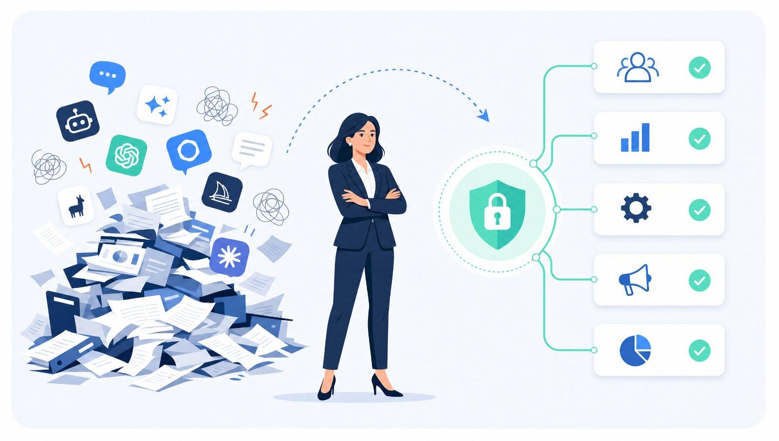A company where every department works on one governed AI platform, connected to a central secure hub.