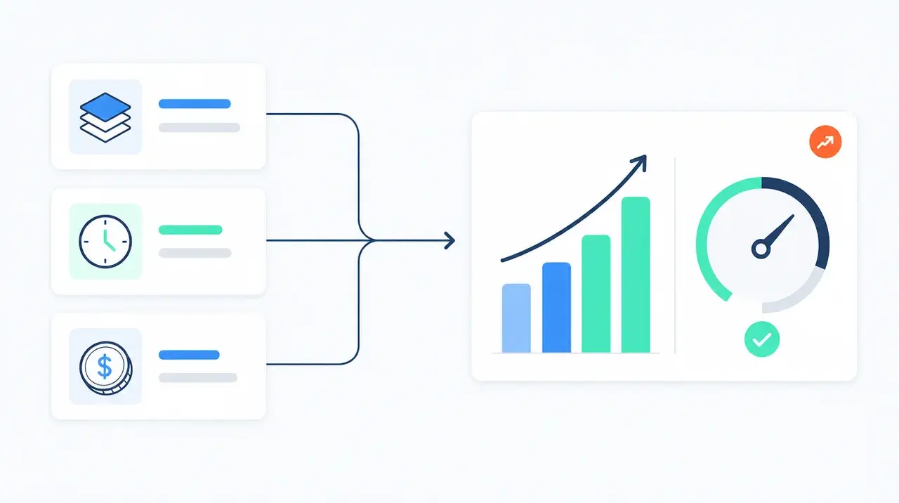 A simple diagram of inputs (volume, time, cost) turning into an annual saving and a payback figure.