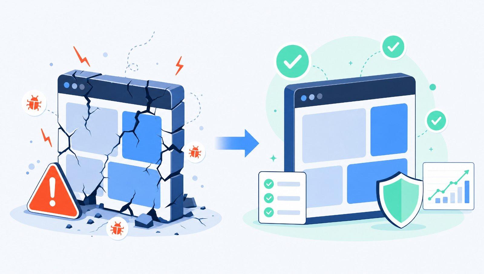 Before and after: a cracked, bug-ridden app versus a stable app with passing tests, monitoring and a shield.