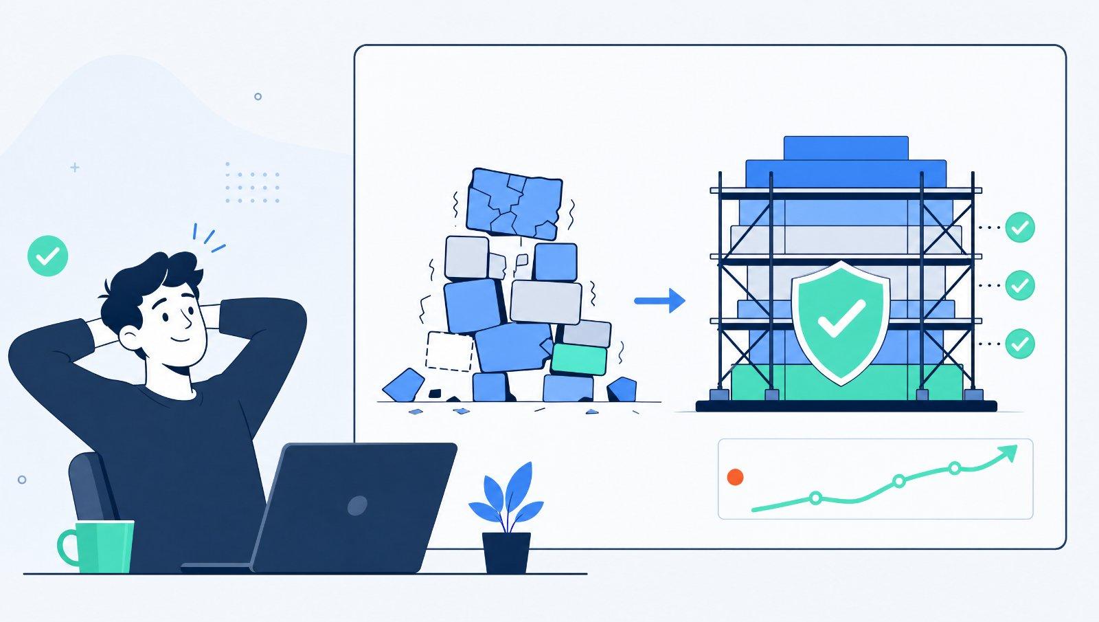 A developer's fragile AI-built app being rebuilt into a shielded, production-grade system.