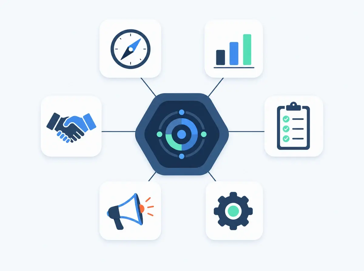 Six department agents linked to one shared hub, working as a single connected system