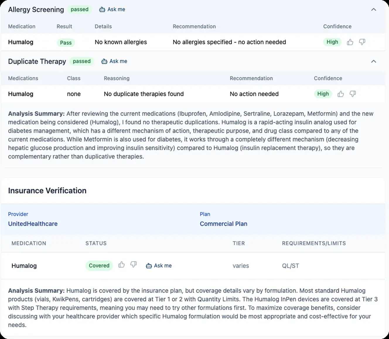 Safety and insurance verification with allergy screening, duplicate-therapy detection and coverage