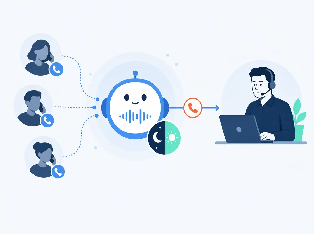 A customer support line answered around the clock by a voice AI, with an urgent call handed to a person