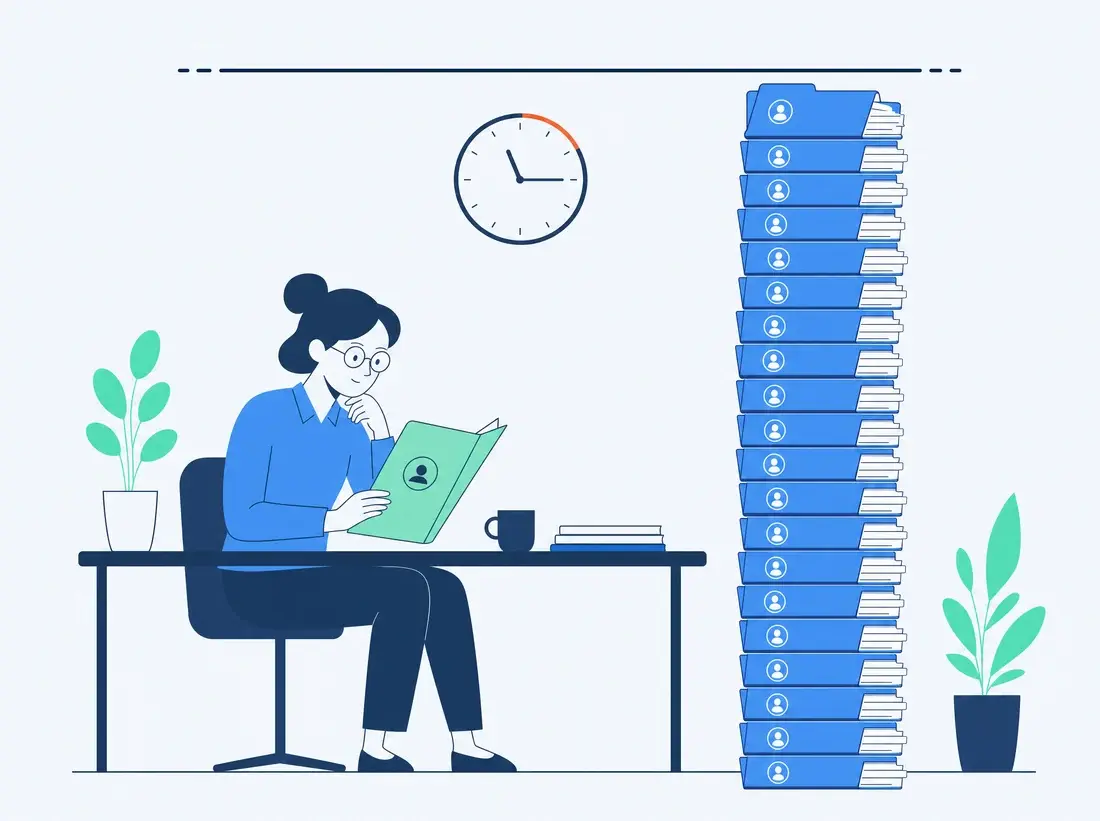 Flat illustration of a single analyst dwarfed by a tall stack of interview folders and a clock, showing a manual assessment process that could not scale