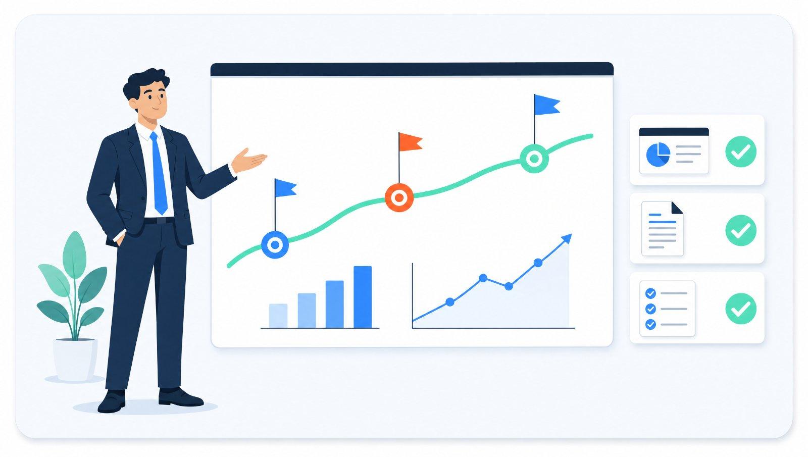 A confident consultant presenting a clear Claude Enterprise roadmap with milestones and a rising path, beside the deliverables, each marked with a green checkmark.