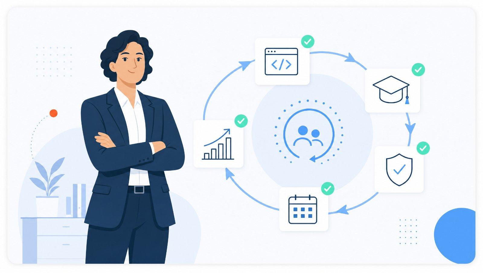 A confident professional with an ongoing Claude partnership cycle: recurring builds, training, governance, adoption and quarterly reviews, each marked complete.