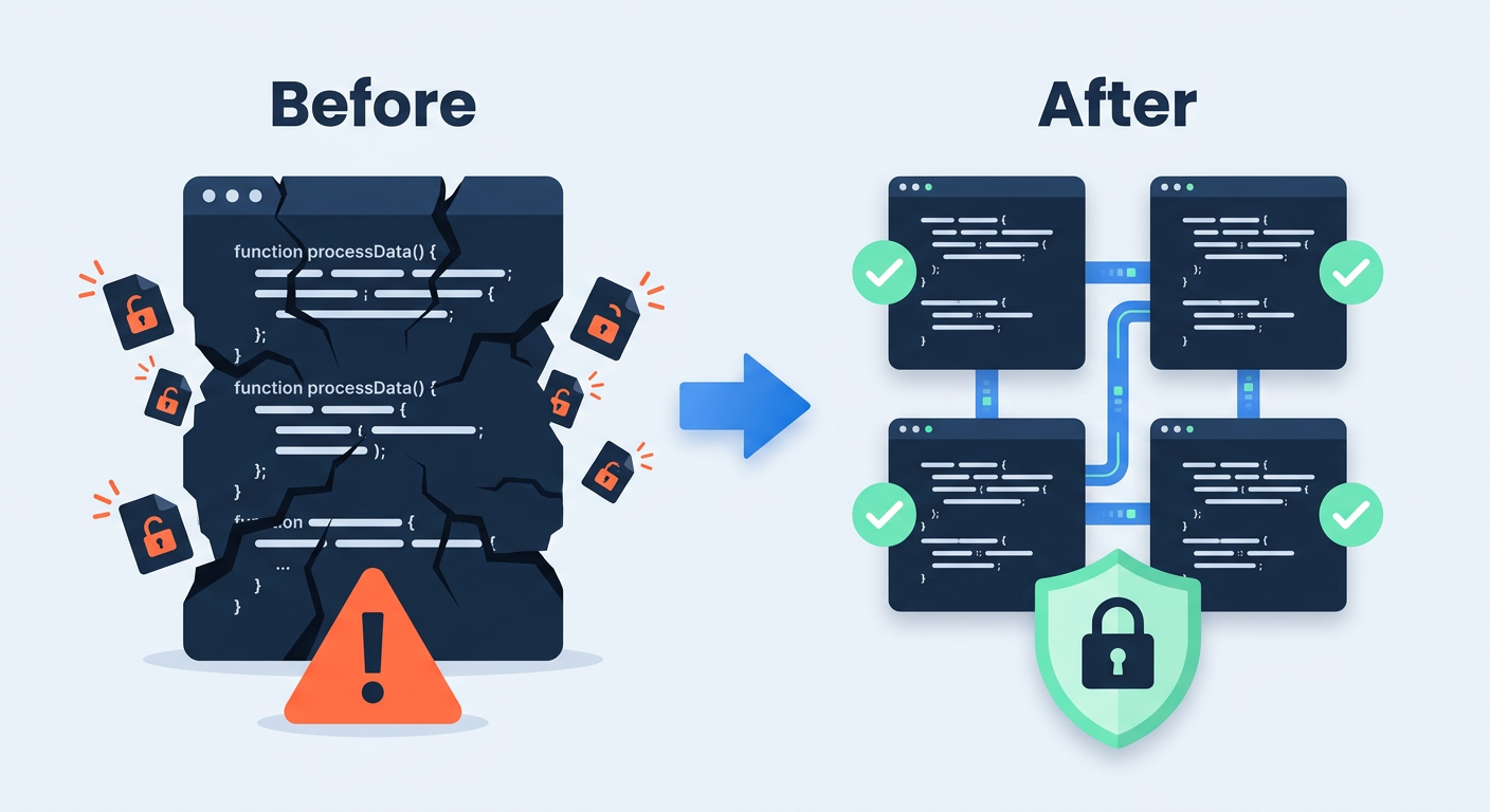 Before and after: a fragile AI-built monolith with exposed files becomes modular, tested and secured code.