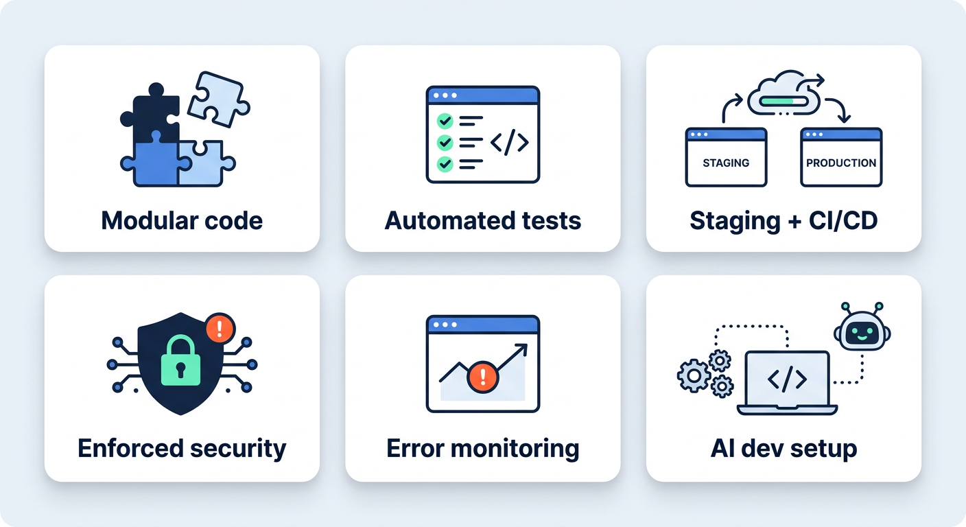 The agentic-coding foundation: modular code, automated tests, staging and CI/CD, enforced security, error monitoring and the AI dev setup.