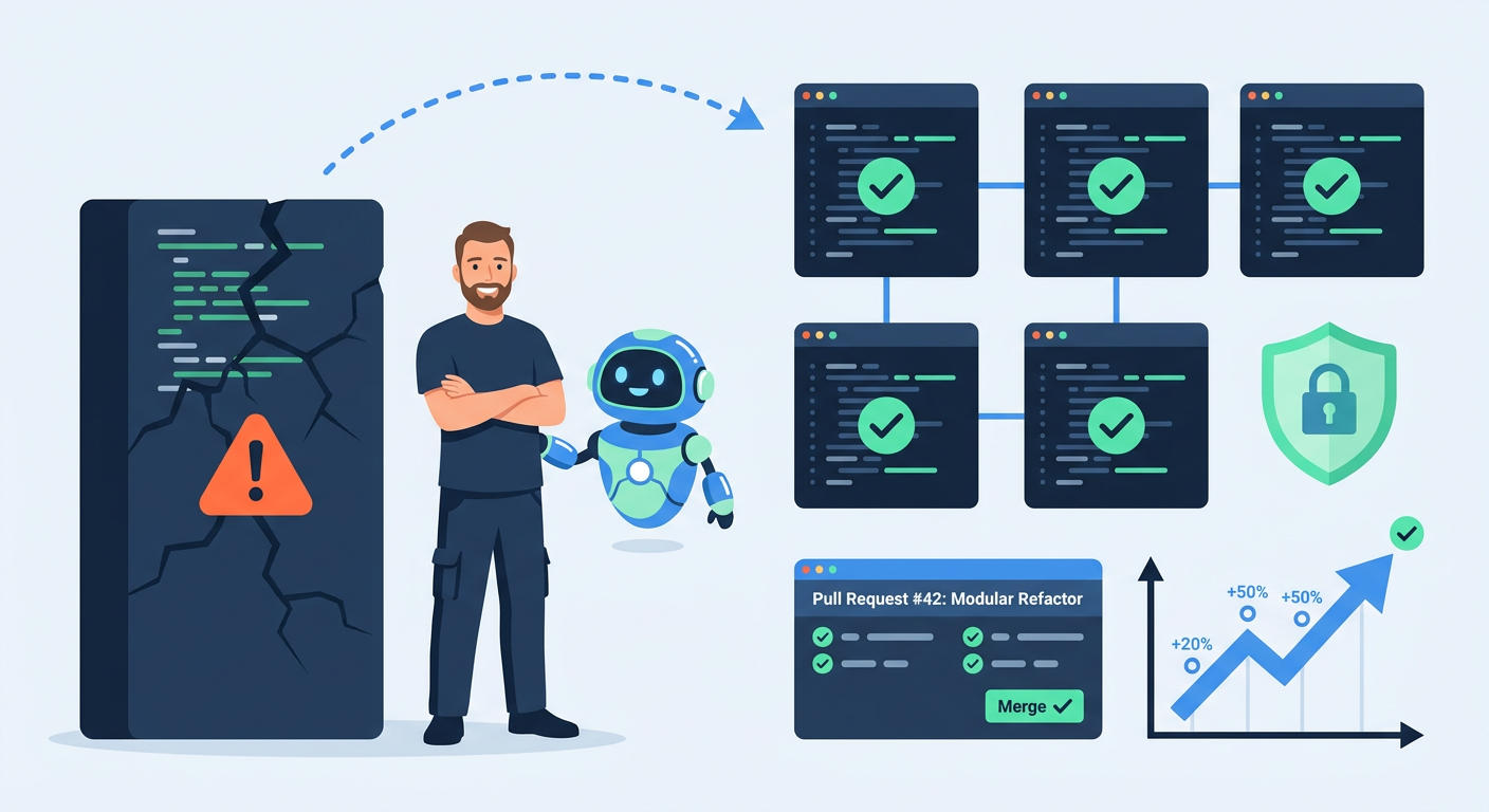 An engineer turning a fragile AI-built code monolith into a modular, tested, secure setup, with a reviewed pull request and a security shield, all marked complete.