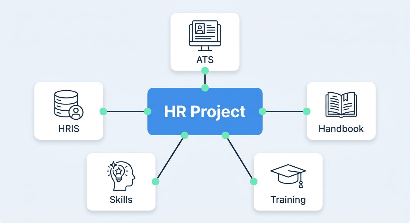 An HR Project at the centre, connected to the ATS, HRIS, handbook, custom Skills and training.