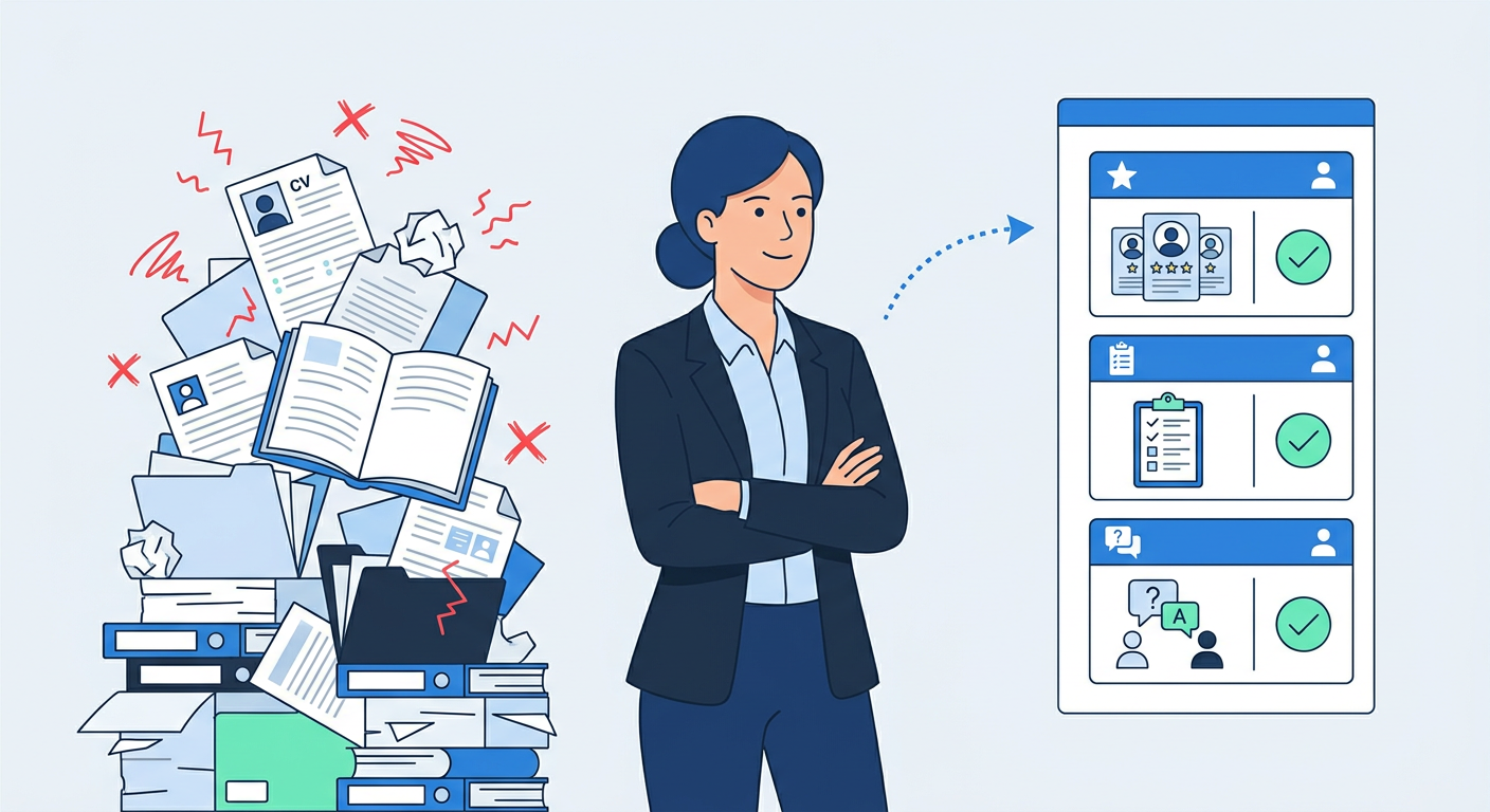 A confident HR professional freed from a CV and paperwork pile, with Claude handling shortlisting, onboarding and employee questions, each marked complete.