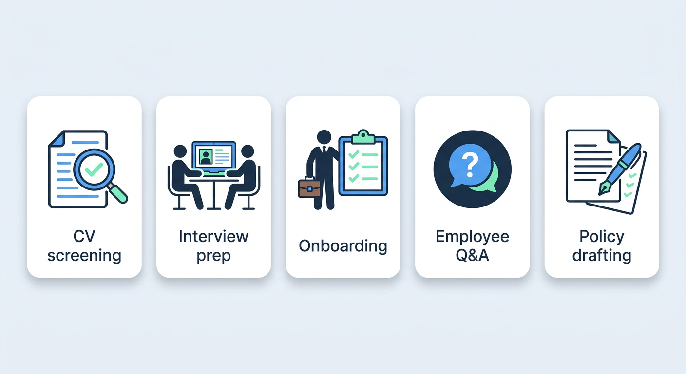 Five Claude HR workflows: CV screening, interview prep, onboarding, employee Q&A and policy drafting.
