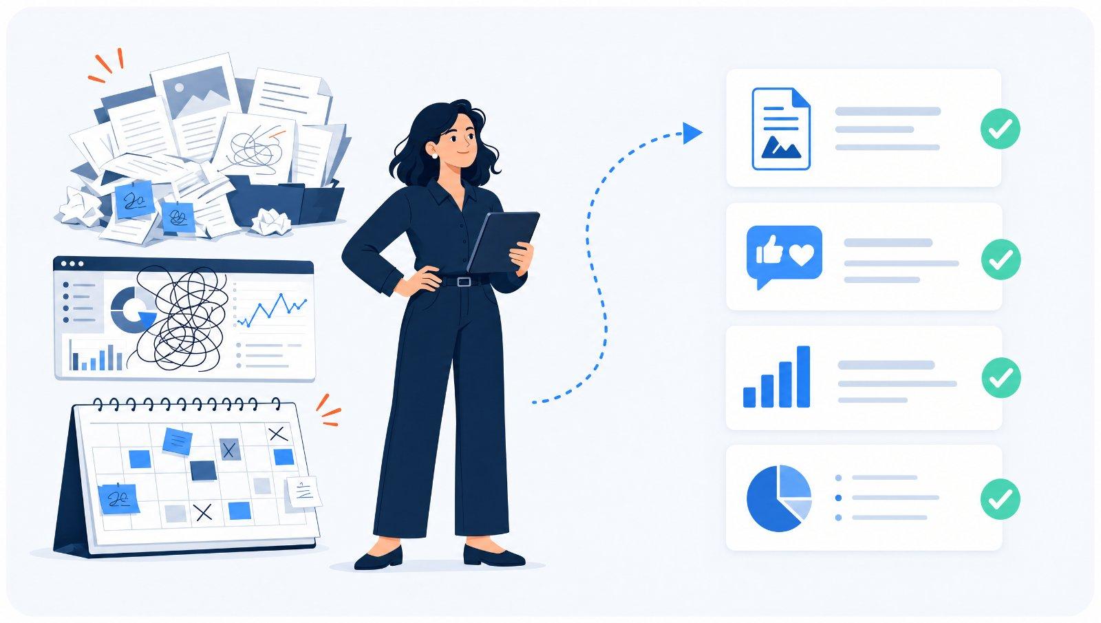 Marketing workspace: content queue with 4 pieces in production, analytics query panel showing natural-language question with data-backed answer, and at-a-glance stats.