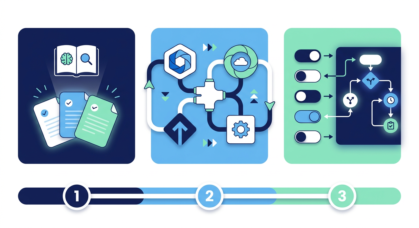 Three-step deployment process: Sales Project setup with knowledge base, CRM connectors and integrations, custom skills configuration.