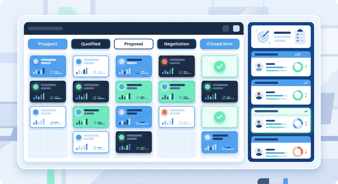 Sales workspace: pipeline review with deal cards showing risk levels, pre-call research panel, and lead qualification scorecard.