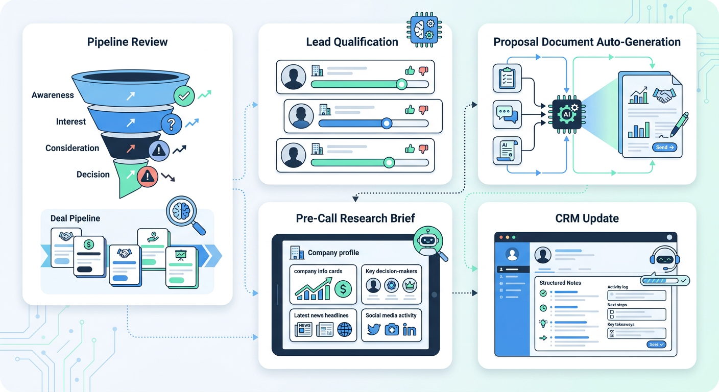 Five interconnected sales workflow panels: pipeline review, lead qualification, proposal drafting, pre-call research, and CRM hygiene automation.
