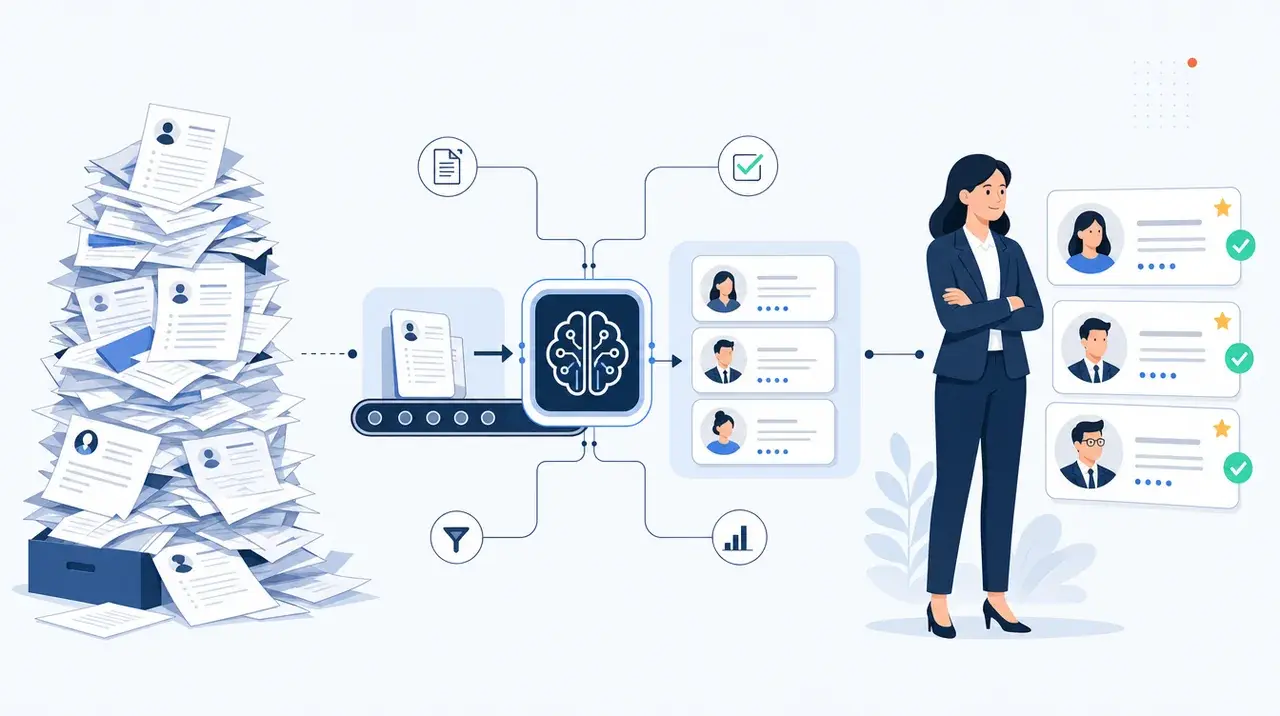 An HR leader reviewing shortlisted, consistently-assessed candidates while routine screening is handled automatically, the hiring decision staying with the person.