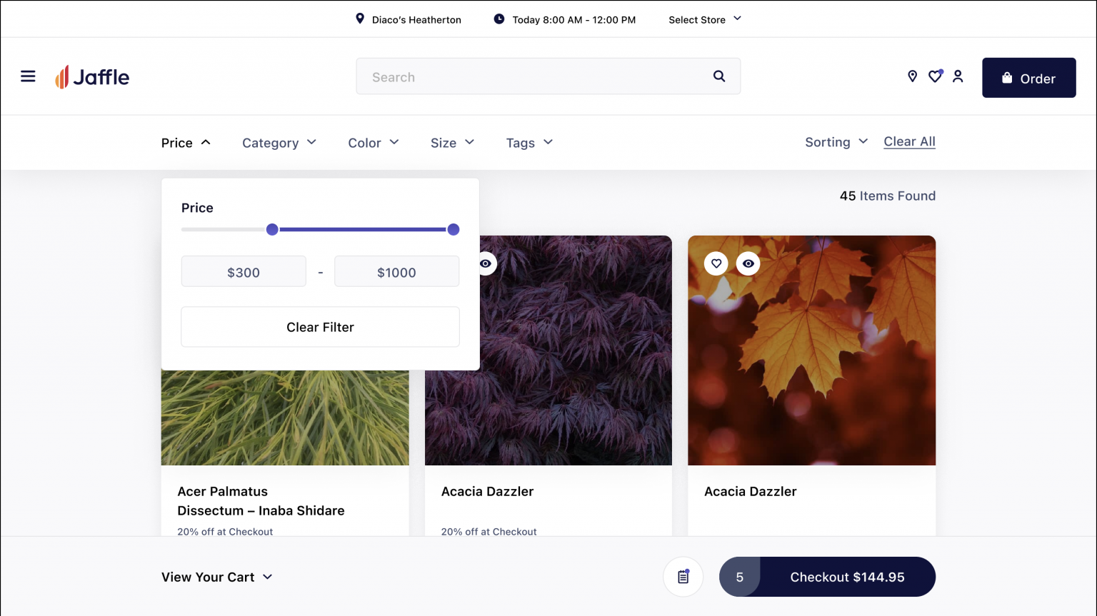 Product Listing Filters and Checkout Bar