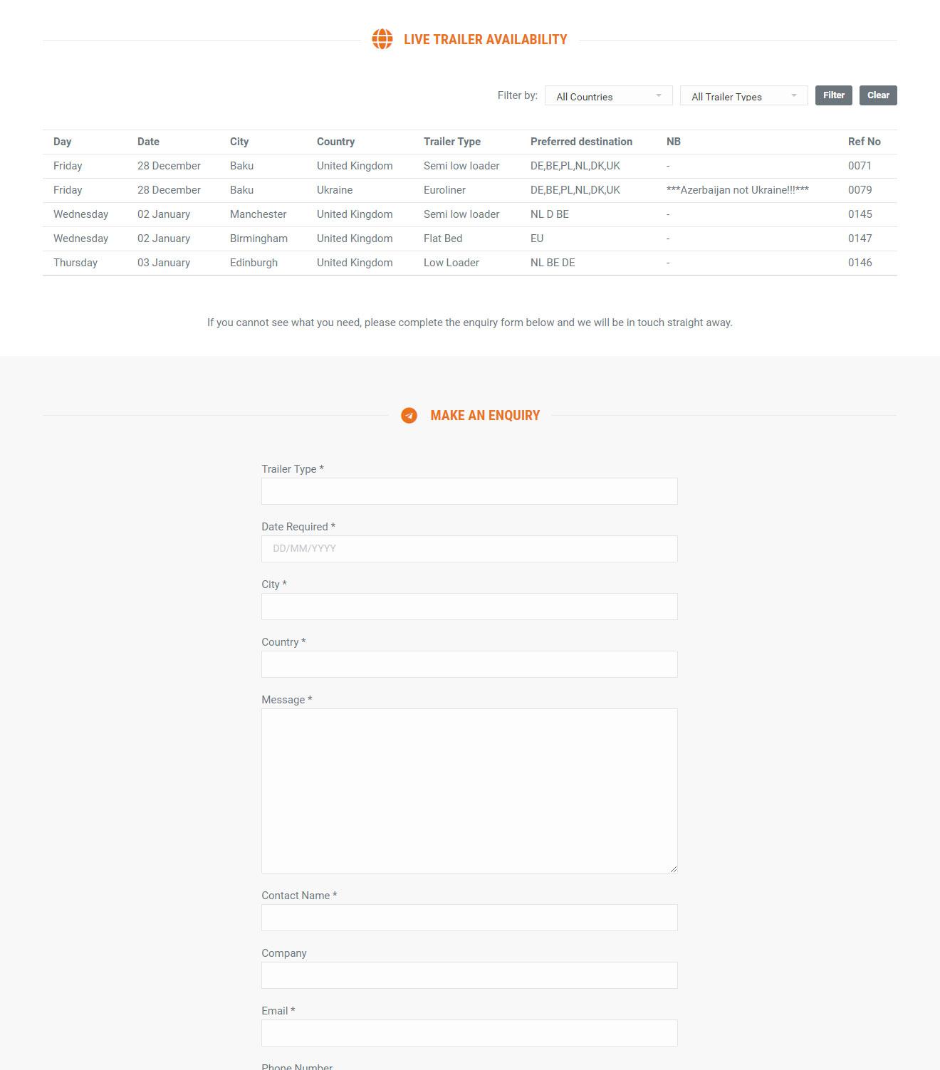 Availability Table Plus Enquiry Form